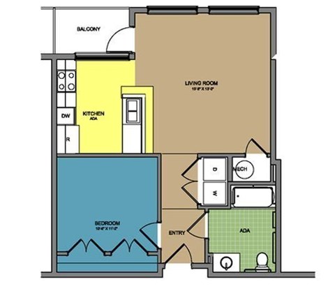 Floor plan for 1 bed, 1 bath, 695 sqft